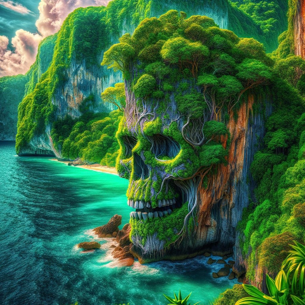 Coastal Skull Rock Formation in Surreal Digital Art