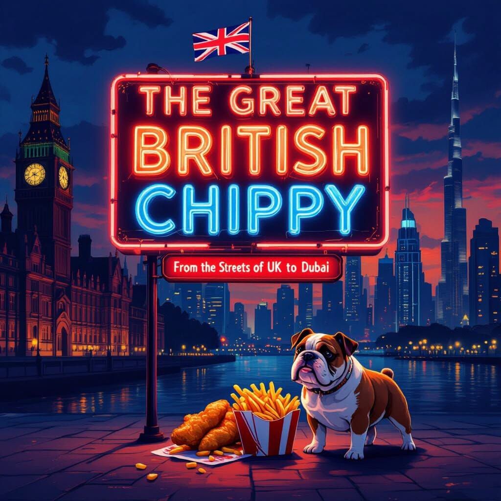 Neon "Great British Chippy" Sign with UK Dubai Cityscape