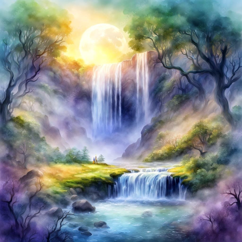 Waterfall Flowing from Moon to Earth in Watercolor