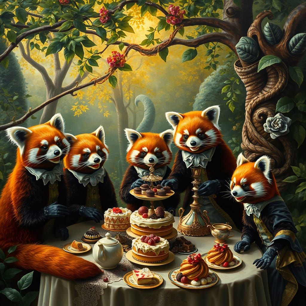 Victorian Red Pandas Tea Party in Enchanted Forest