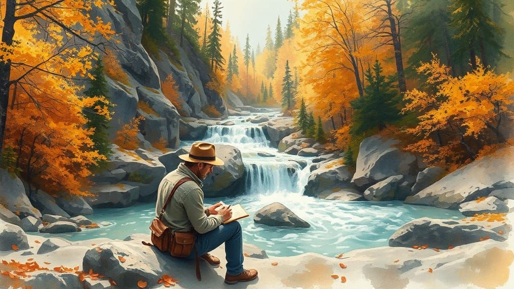 Traveler Sketches Autumn Cascade in Watercolor Style