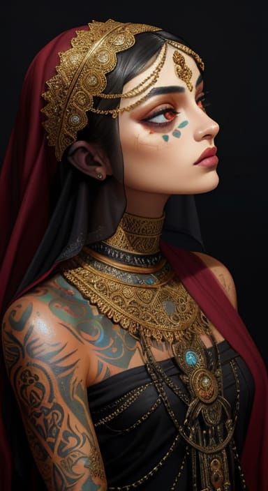 Mysterious Arab Woman with Tattoos as Oil Painting