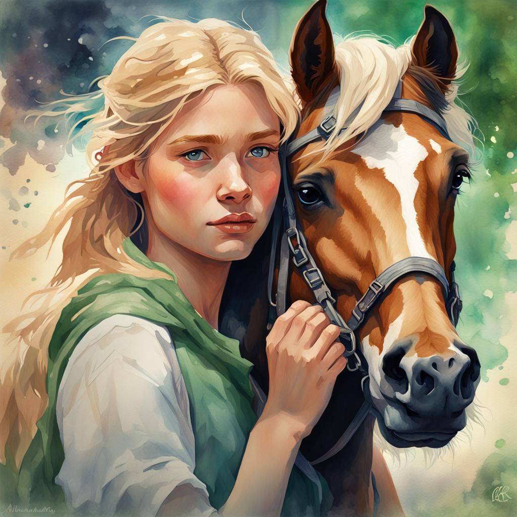 Girl Hugging Puppy: Watercolor Portrait