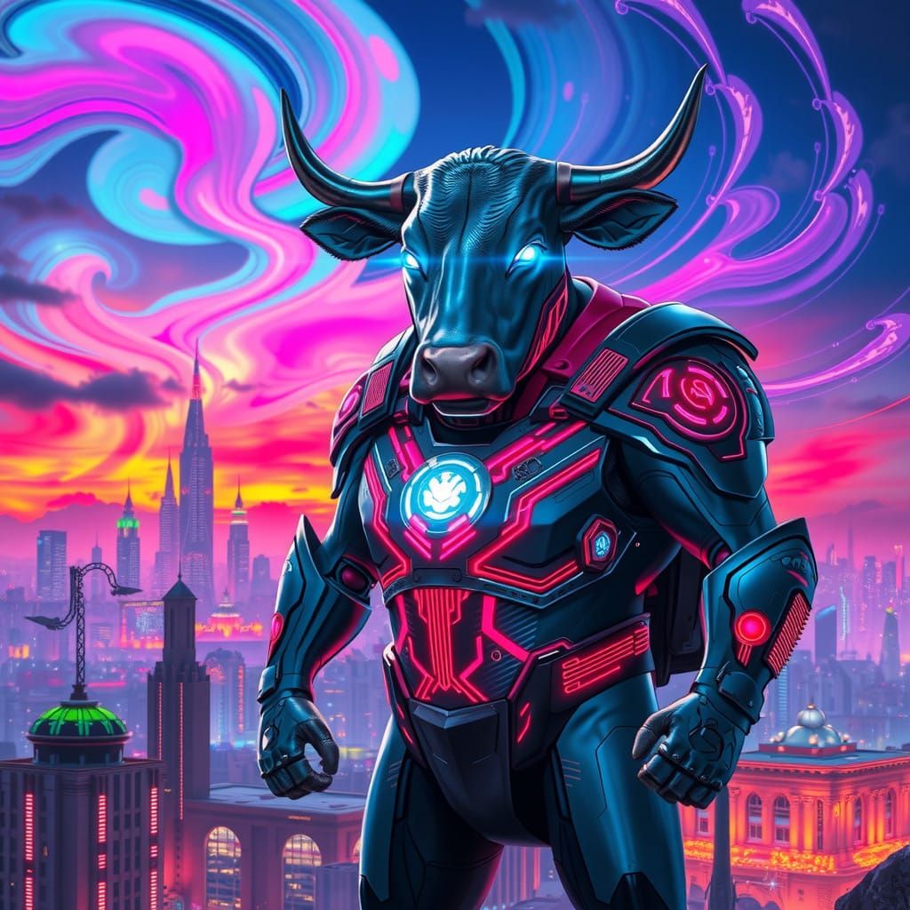 Ethereal Superhero Cow Conquers Cyberpunk Metropolis