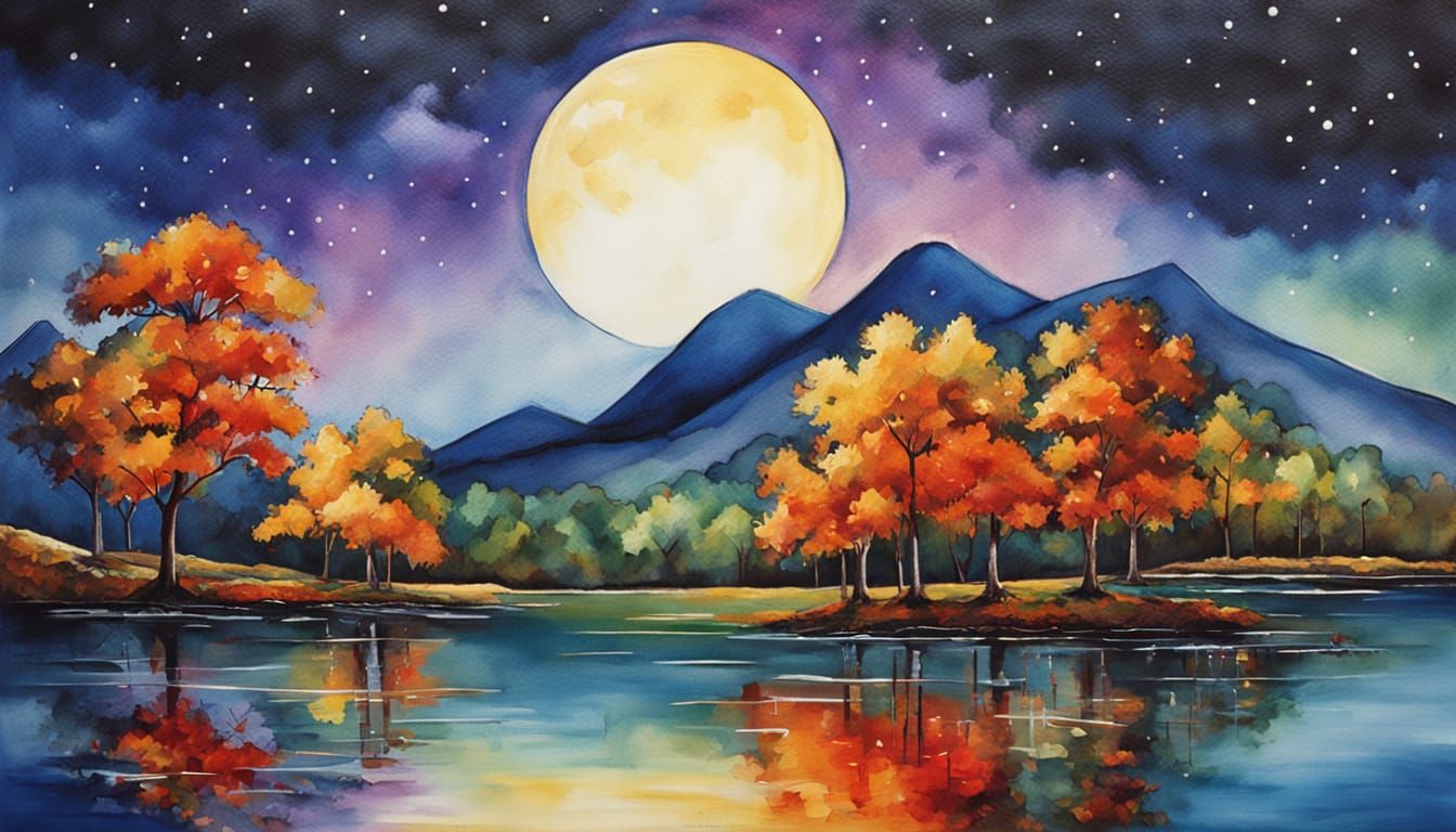 Fantasy Watercolor Landscape with Radiant Moonlit Lake