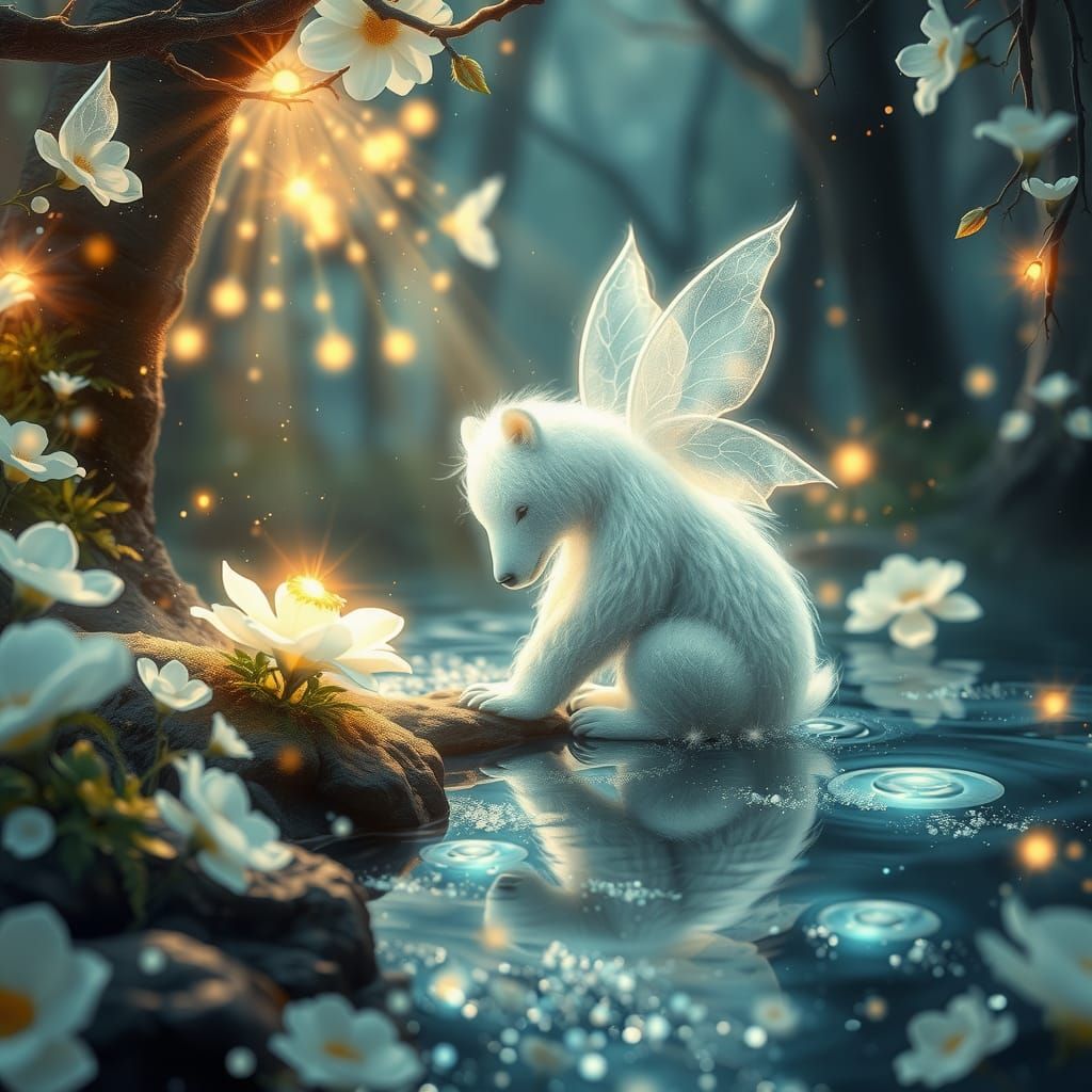 Ethereal Fairy Bear in Mystical Forest, Oil Painting