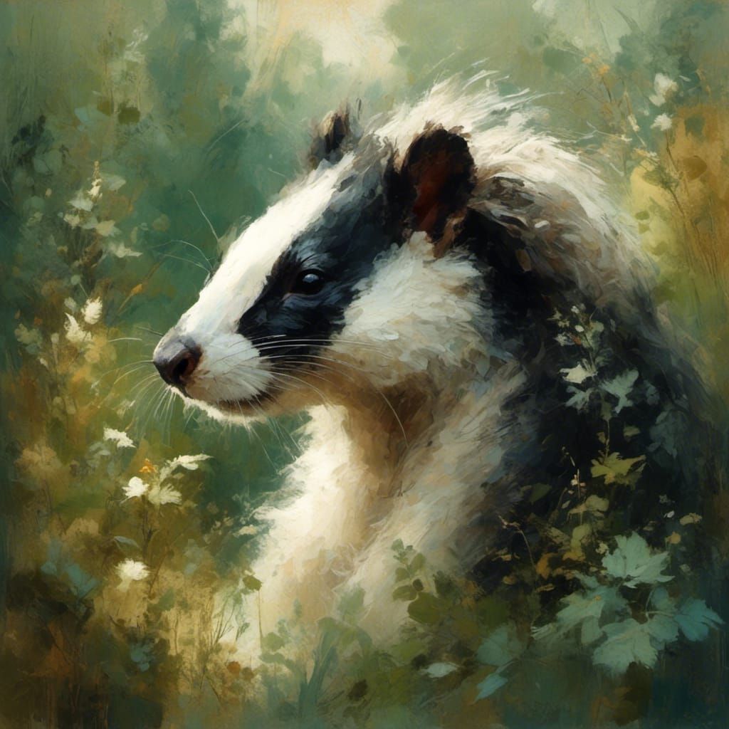 Skunk Portrait in Lush Greenery, Dürer-Inspired Art