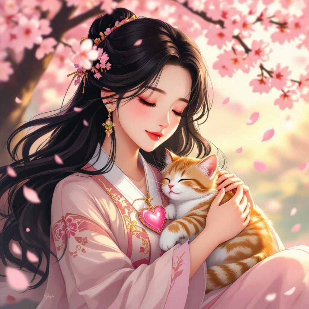 Elegant Woman and Kitten in Korean Manhwa Style