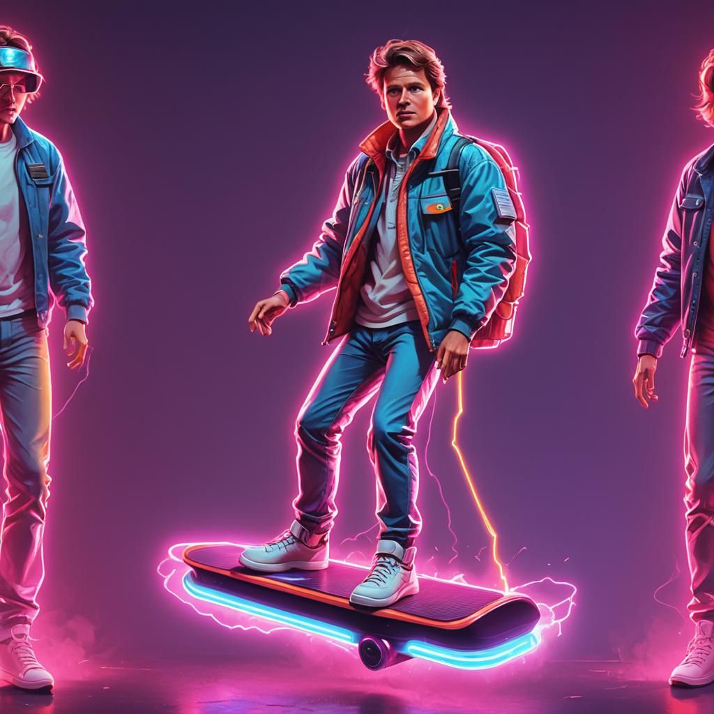 Marty McFly Rides Hoverboard in Synthwave Style