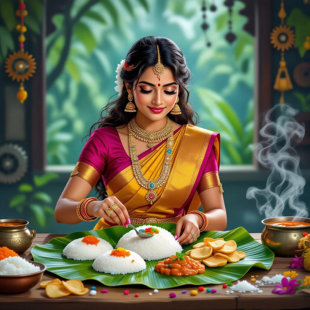 South Indian Woman Serves Lunch in Illustrative Style