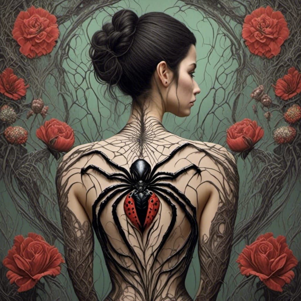 Spider Heart Back Tattoo with Floral Wallpaper