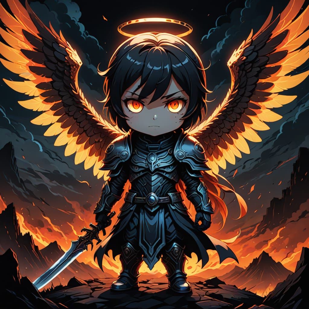 Manga-Inspired Shadowfire Angel in Dark Ominous Landscape