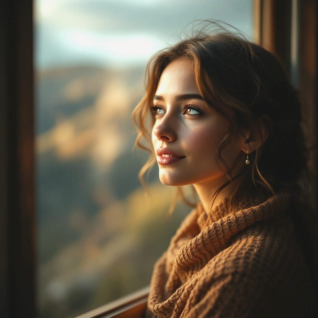 Serene Woman Contemplates Hopeful Landscape in Golden Light