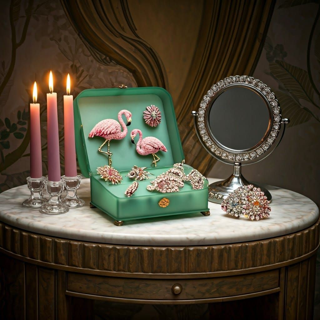 Geometric Marble Vanity Table with Gem-Set Flamingo Brooches