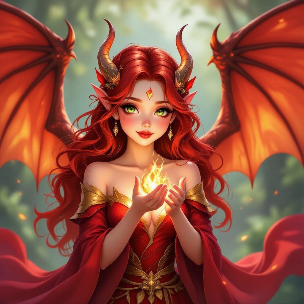 Fiery Maiden Dragon Girl with Emerald Eyes