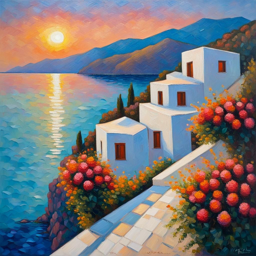 Greek Island Sunrise in Expressionist Style