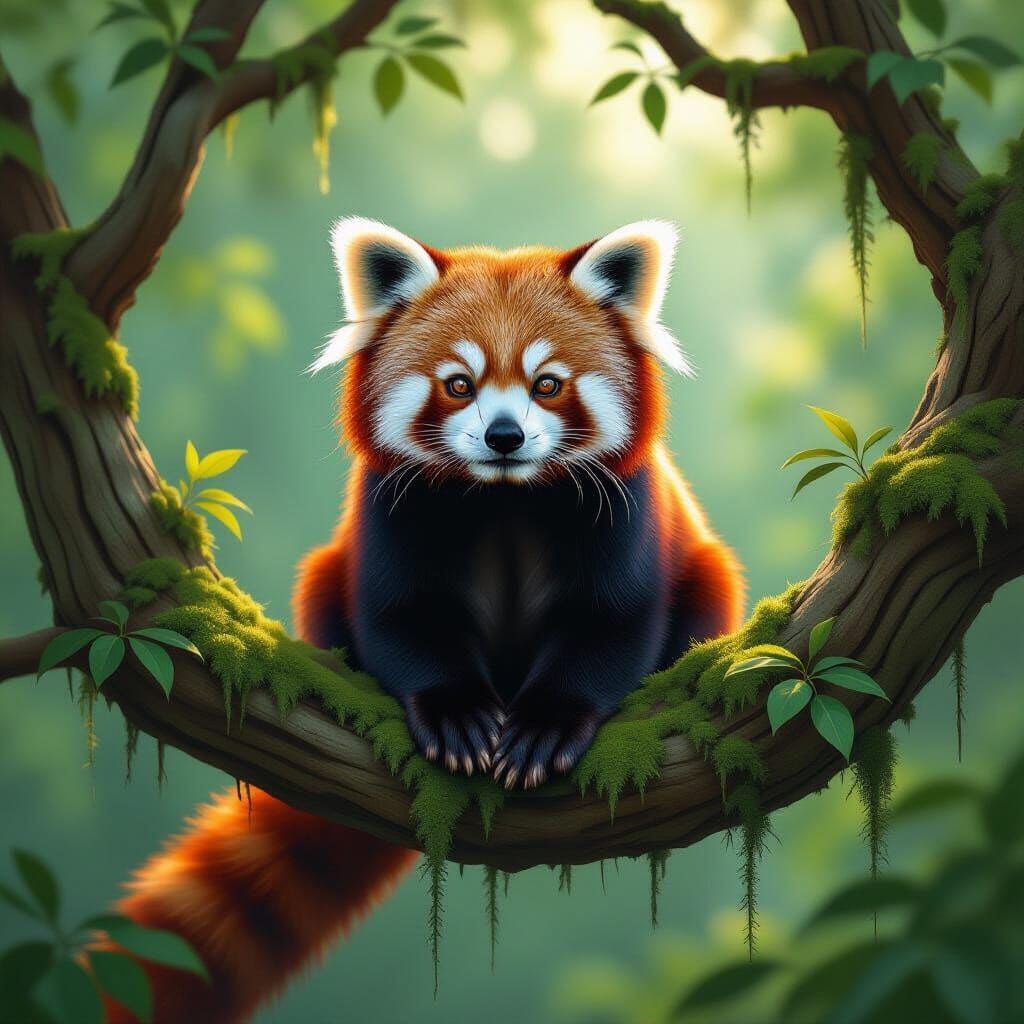 Red Panda Perched in Ancient Tree, Ethereal Mist
