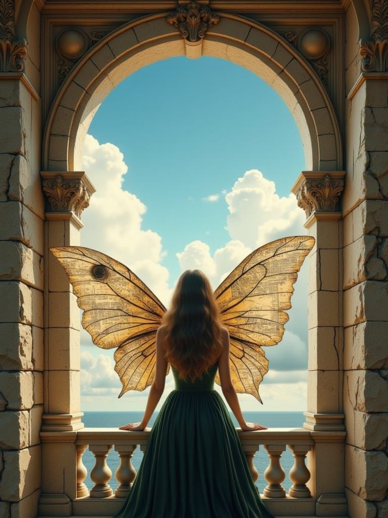 Surreal Woman with Map Wings on Balcony, 3D Mixed Media