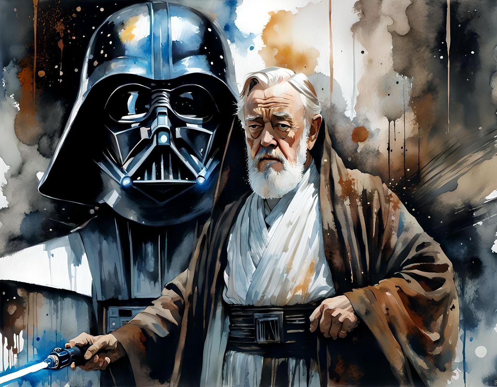 Obi-Wan Kenobi on Death Star in Watercolor