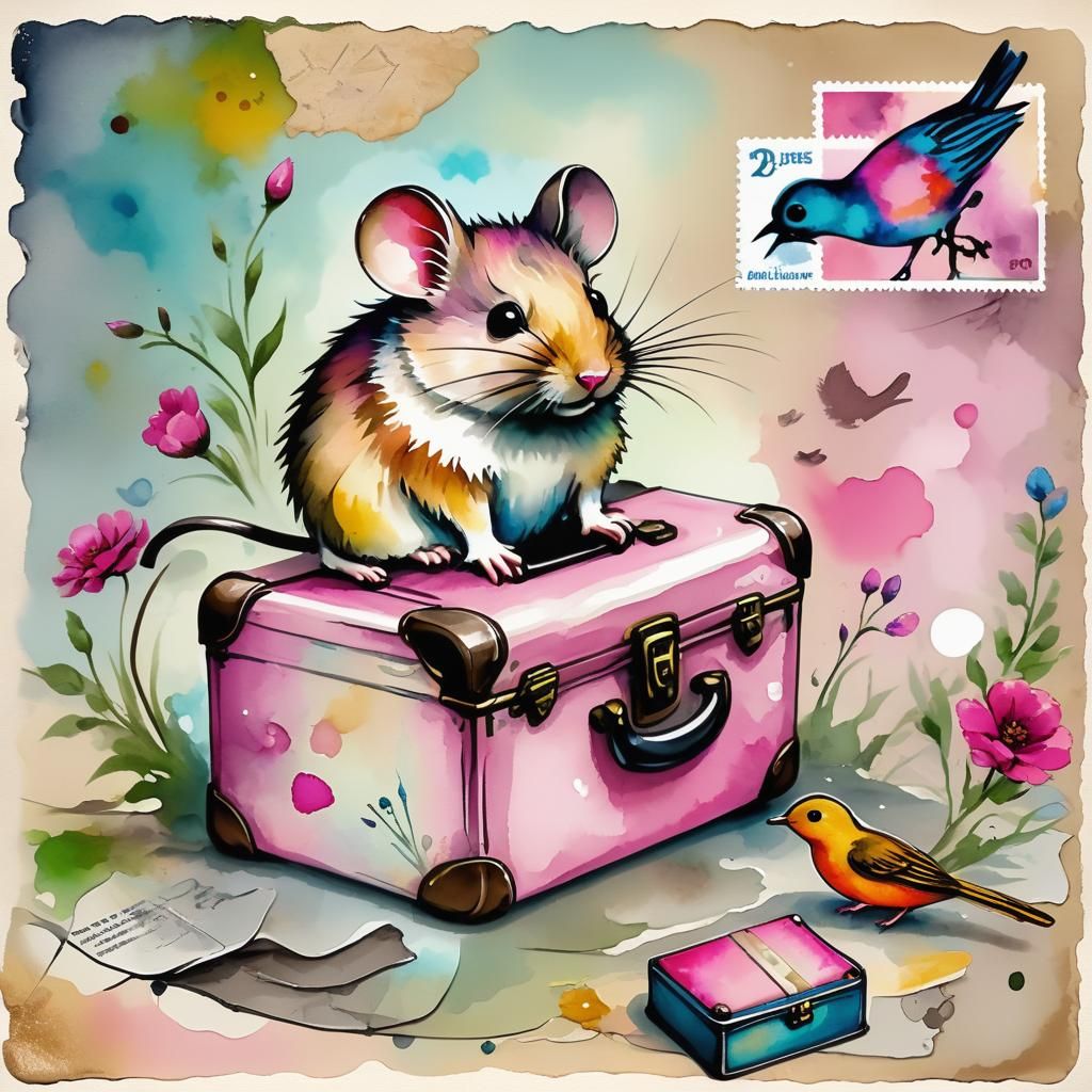 Whimsical Postcard Scene with Grungy Textures