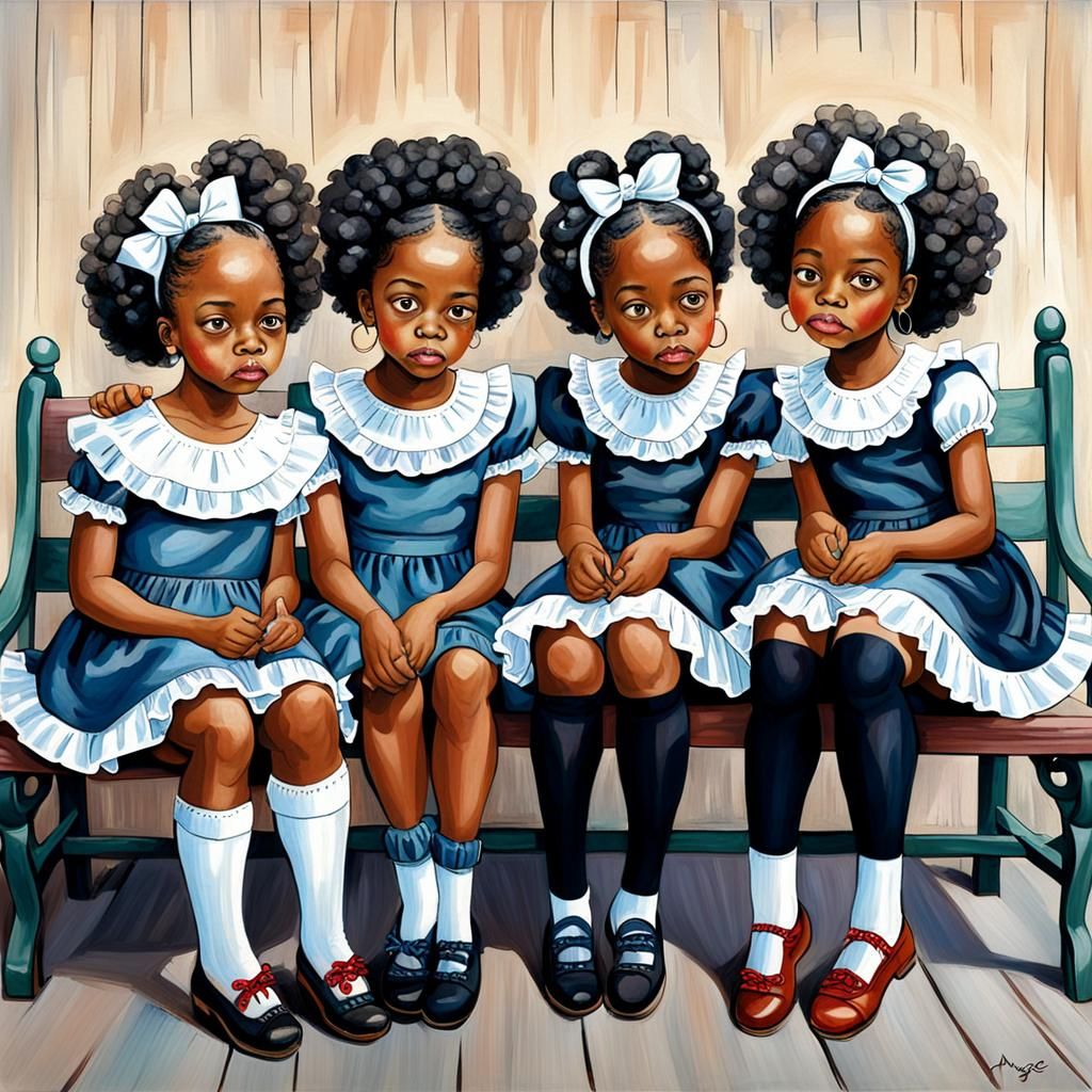 Black Girls on a Bench in Folk Art Style