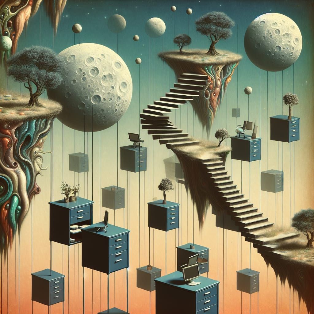 Surreal Office Landscape with Upside Down Trees