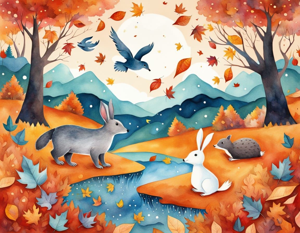 Cute Animals Play in Autumn Leaves with Surreal Landscapes