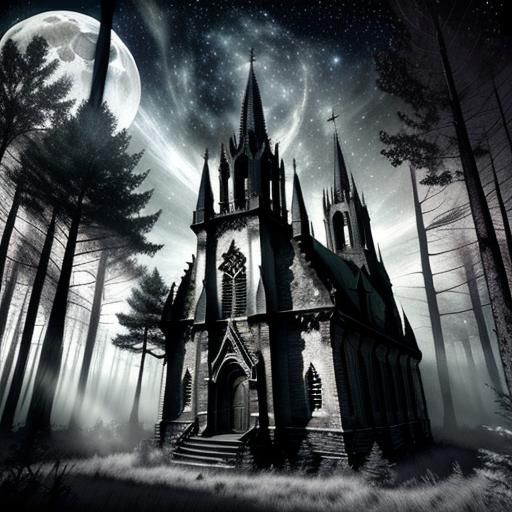 Gothic Church Ruins in Autumnal Charcoal Landscape