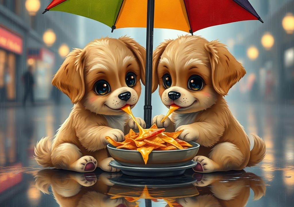Puppies Sharing Nachos in Rainy Weather
