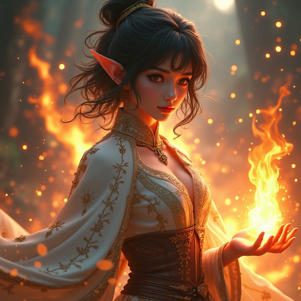 Medieval Elf Woman Channels Firepower in Anime Style