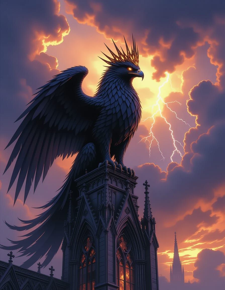 Majestic Griffin on Gothic Spire in Epic Fantasy Style