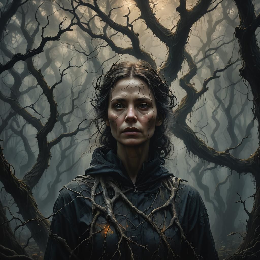 Ethereal Woman in Dark Mystical Forest Oil Painting