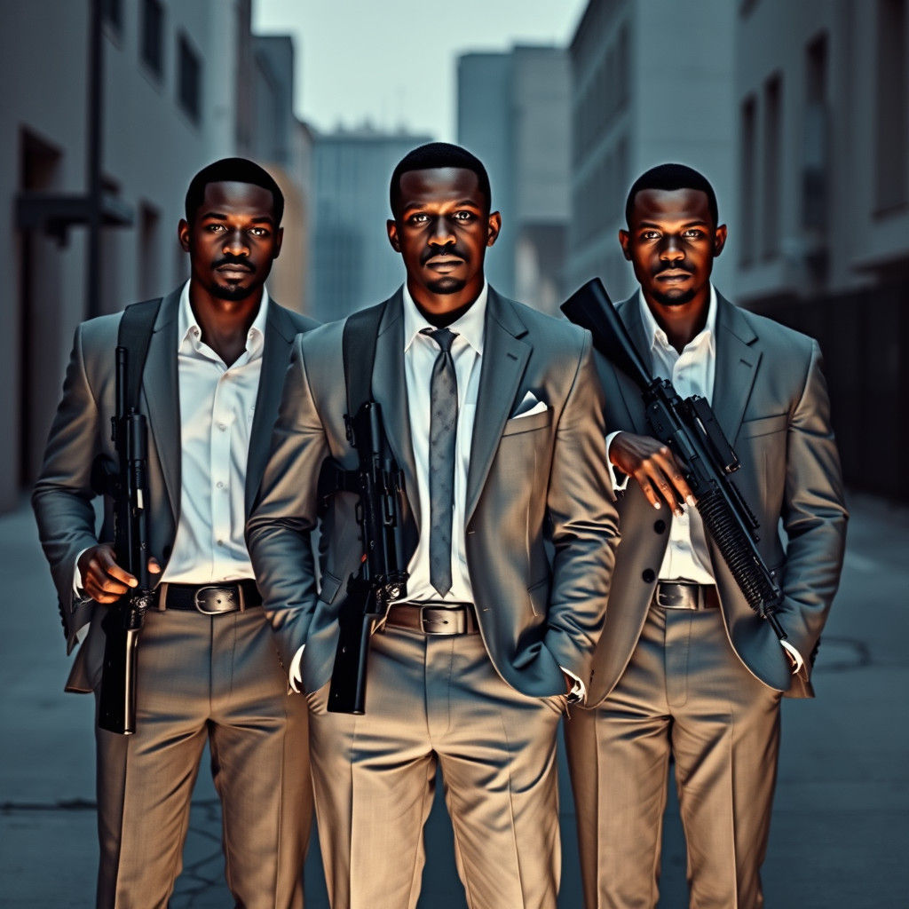 Men in Suits with Rifles: Cinematic Urban Scene