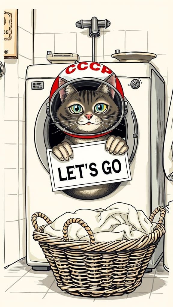 Contented Cat in Retro Space Helmet Sits in Quaint Bathroom ...