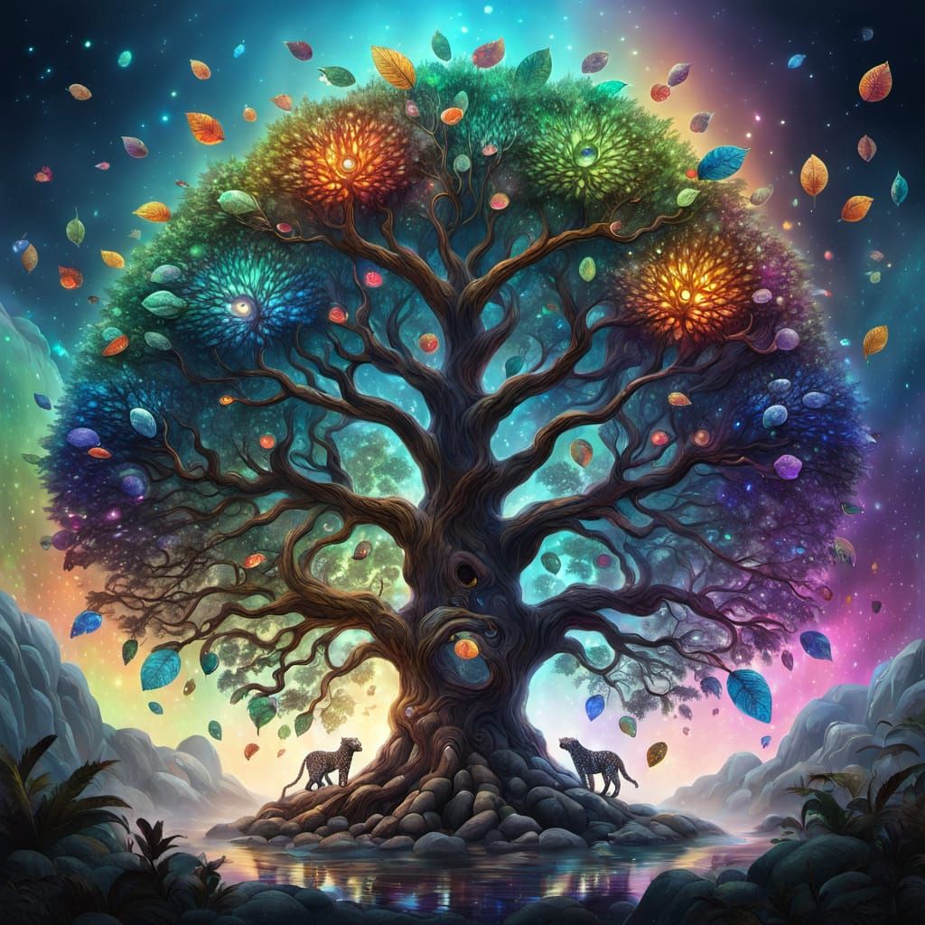 Giant Magical Tree with Leopard Bark and Rainbow Leaves