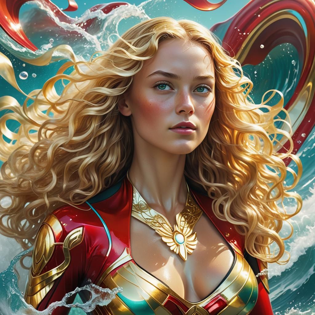 Superhero Woman Rides Wave: Hyper-realistic Digital Portrait