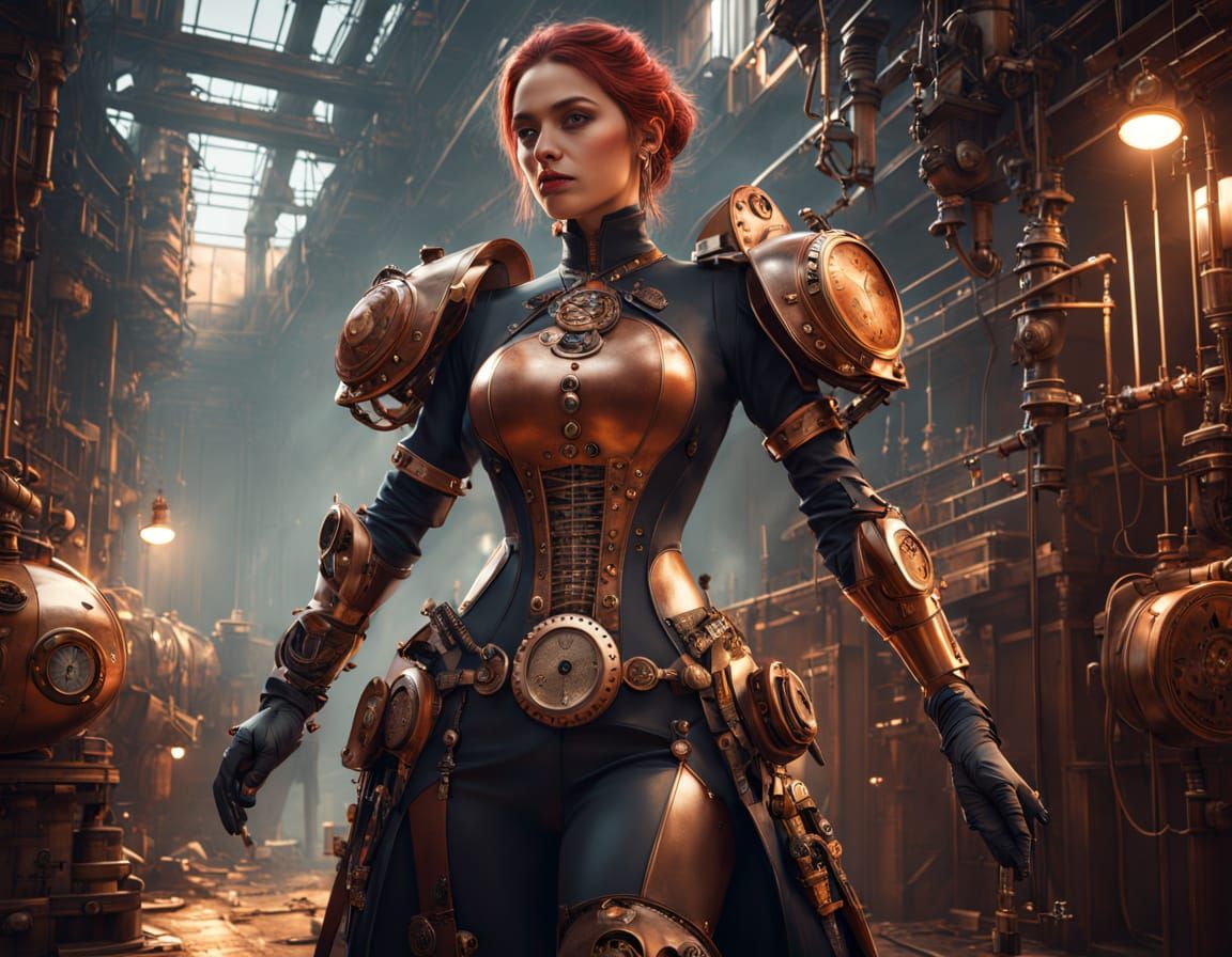 Steampunk Woman with Clockwork Torso and Prosthetic Limbs in...