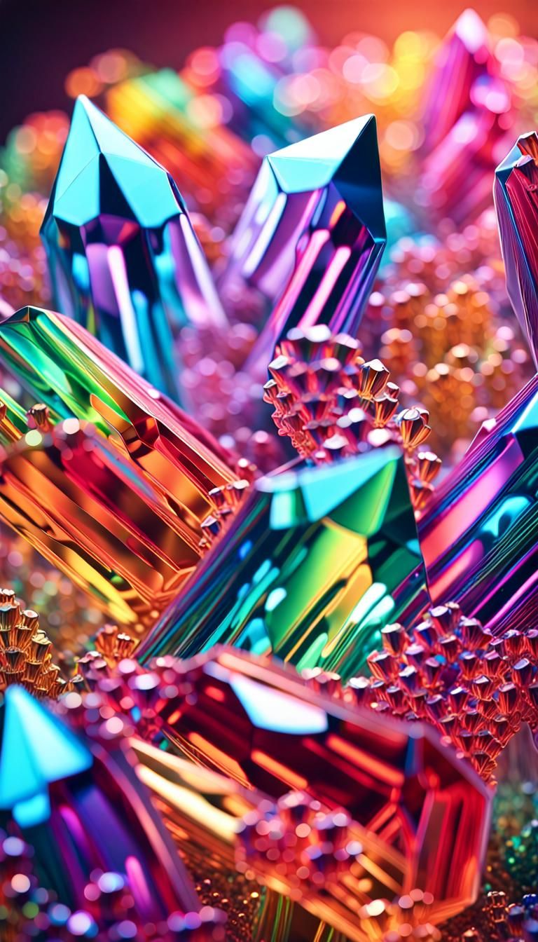 Iridescent Crystals Bursting in Rainbow Neon Colors