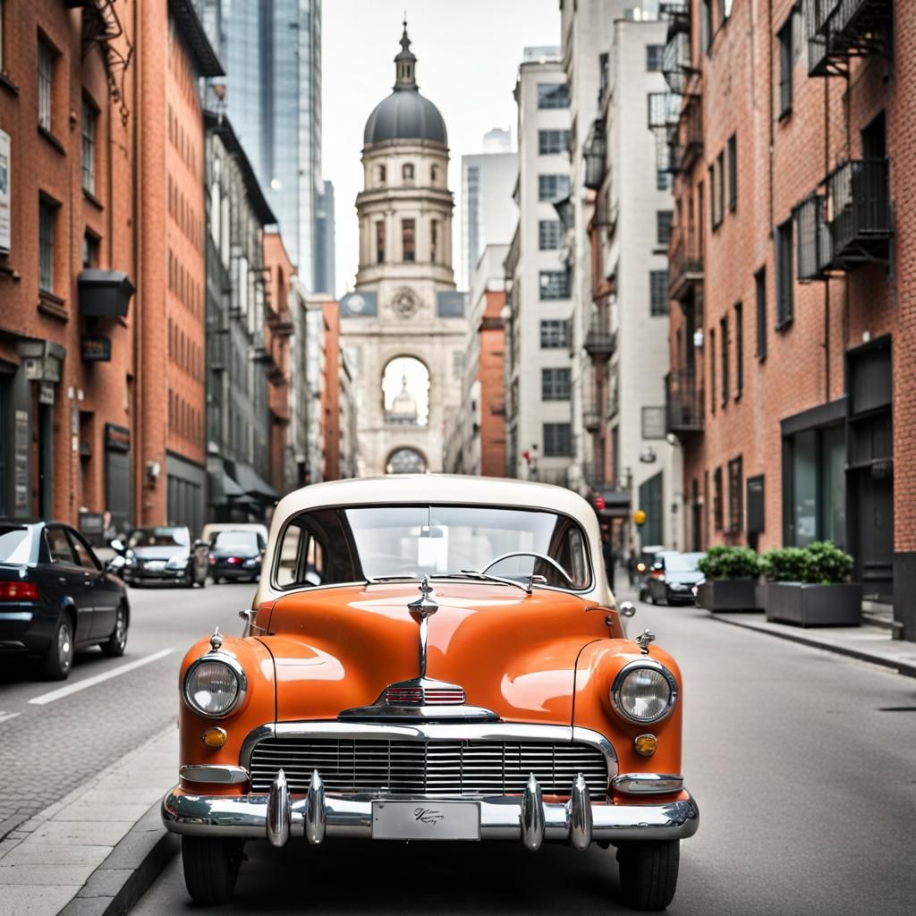 Vintage Car in Modern Cityscape