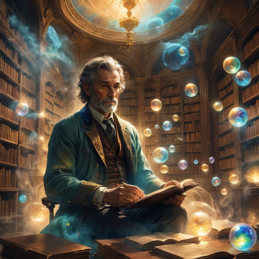 Man Relives Life in Dreamlike Library, Surreal Concept Art