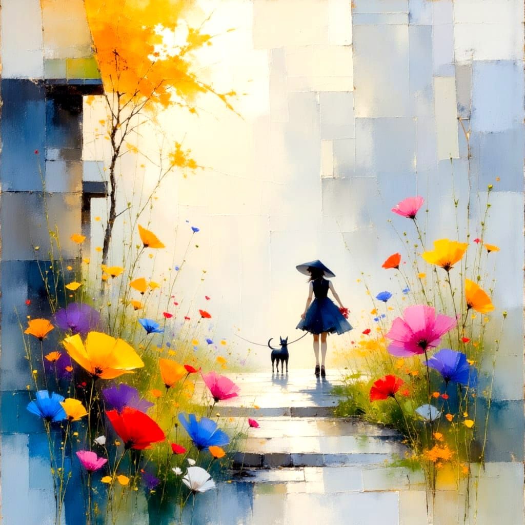 Girl and Dog Stroll Through a Rainy Garden Landscape in Past...