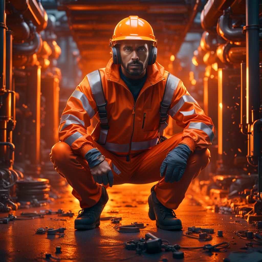 Worker in Orange Jumpsuit: Detailed Matte Painting