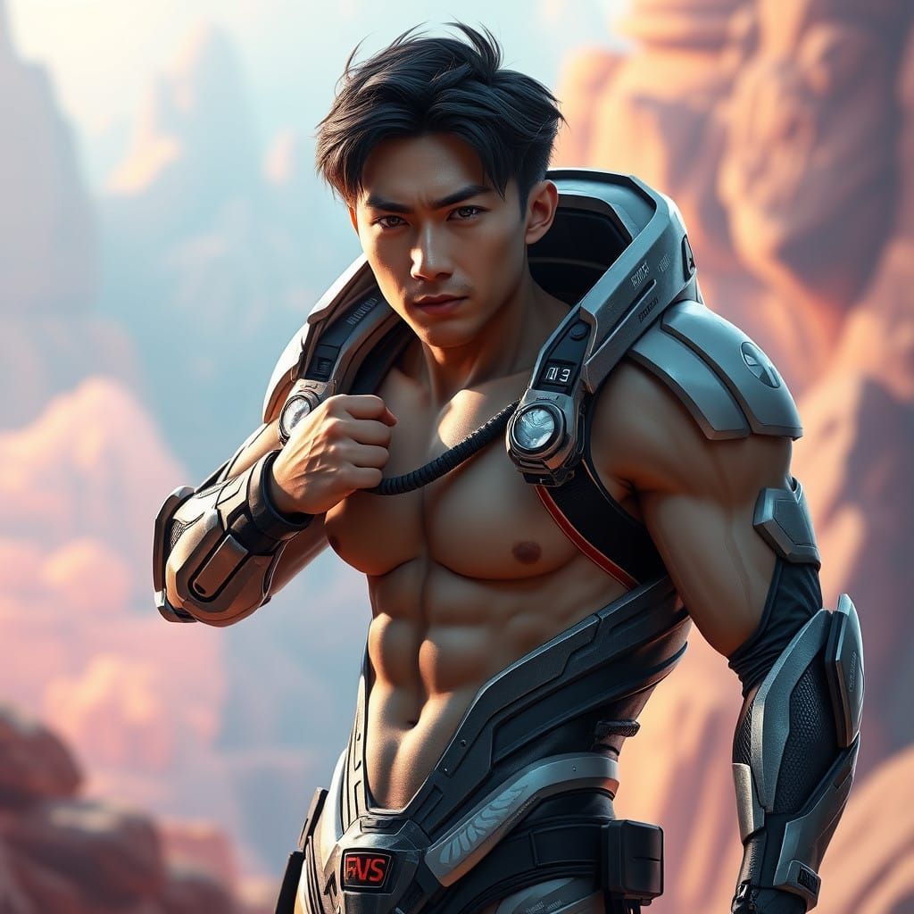 Handsome Asian Hero in High-Tech Exosuit, Against Vibrant Dr...