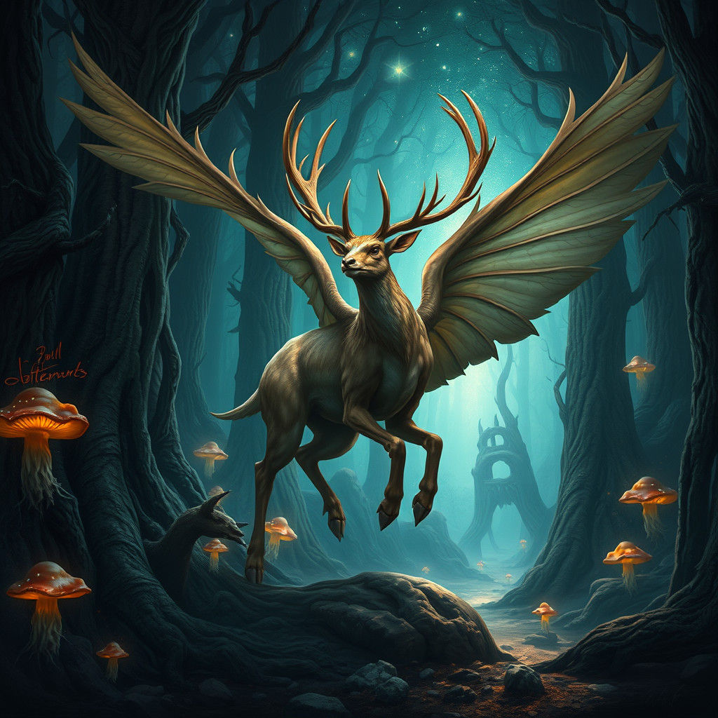 Majestic Peryton in Mystical Forest Art
