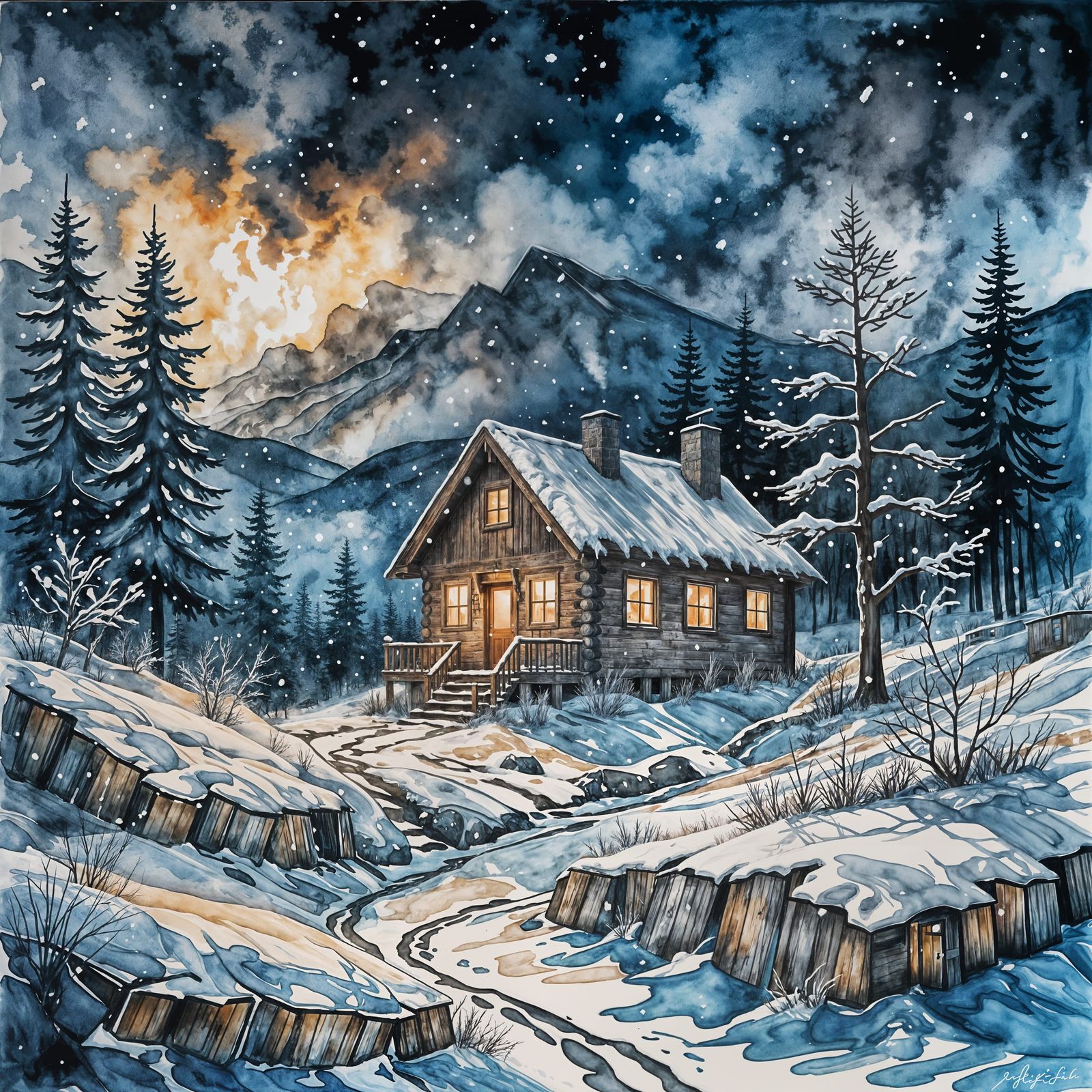 Dramatic Snowstorm Engulfs Mountainside Cabin: Watercolor