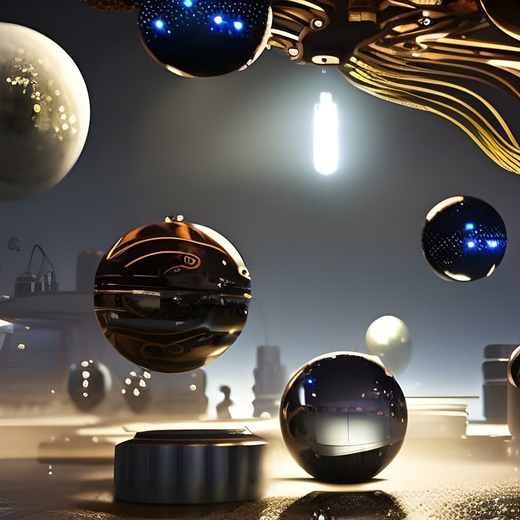 mechanical metallic landscape with glowing floating orbs