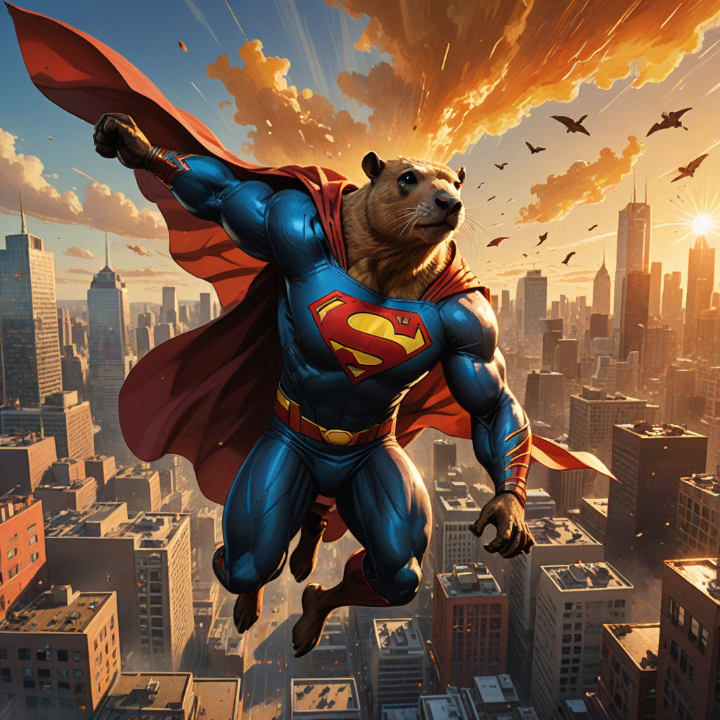 Heroic Capybara in Superman Regalia Soars Above the City