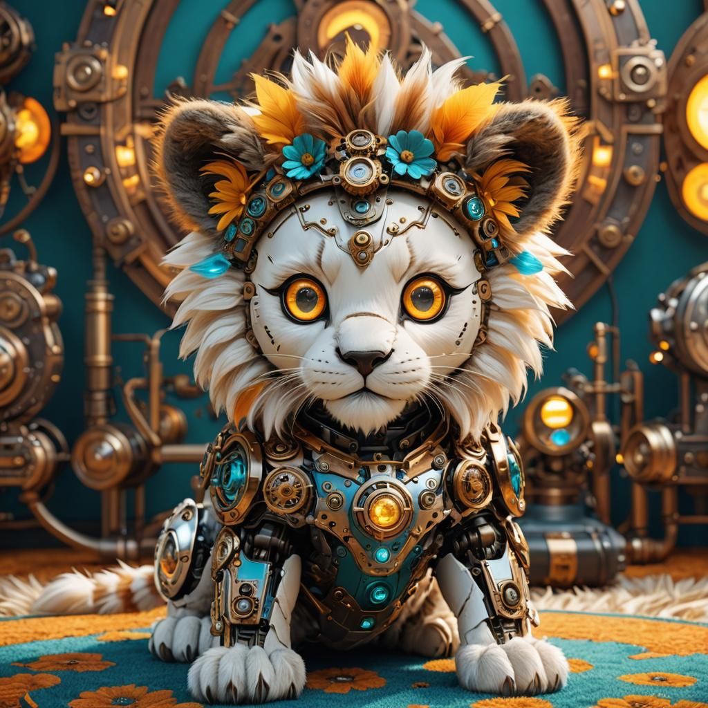 Steampunk Robotic Lion Cub with Glowing Eyes