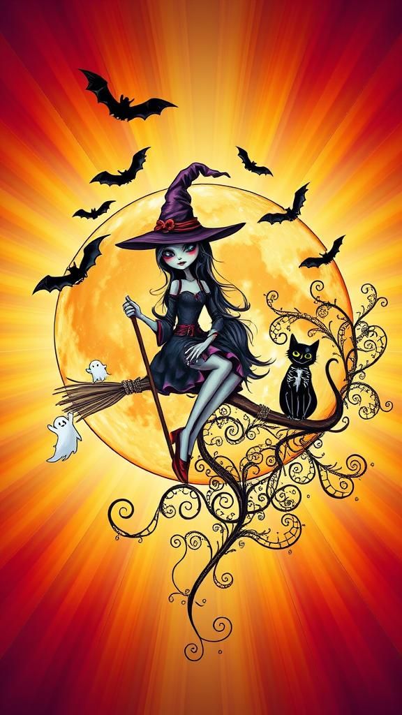 Witch in bright autumn colors, fractal, fluid flow