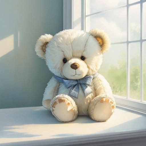 Watercolor Teddy Bear on Windowsill in Pastel Colors